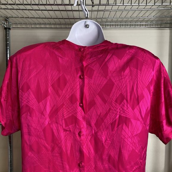 Vintage 90s Oleg Cassini Women's Hot Pink Geometric Silk Blouse Size 8 Glam Bold - Picture 9 of 10